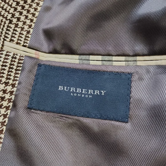 Burberry Men's Silk Linen Wool 3-Button Blazer Brown Tan Houndstooth Plaid 44L